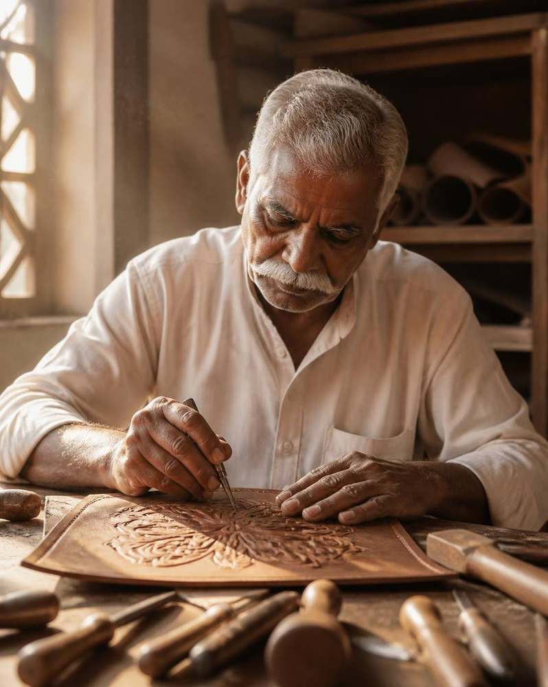 Master artisan embossing leather by hand in a sunlit workshop